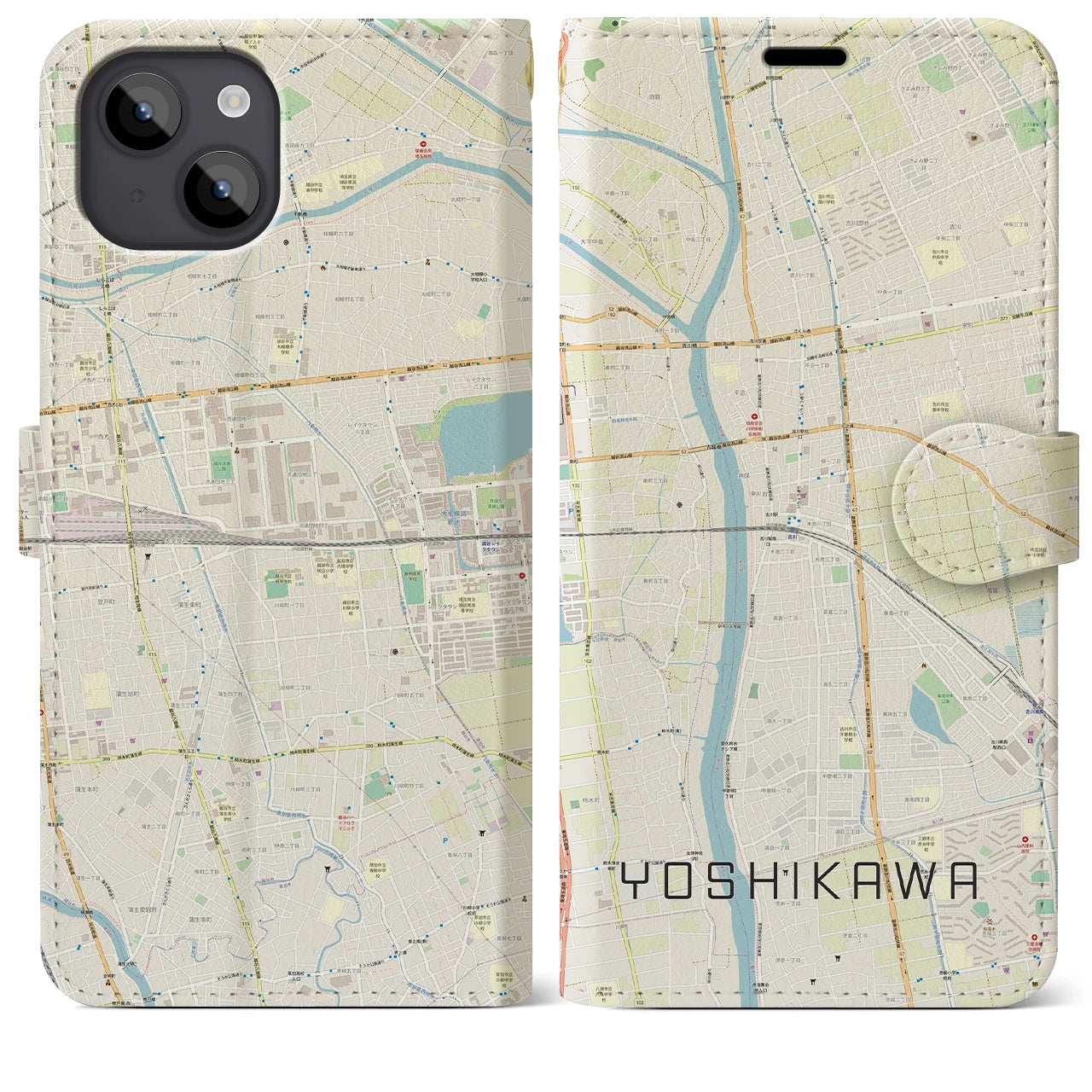 【吉川(埼玉県)】地図柄iPhoneケース(手帳タイプ)ナチュラル・iPhone 14 Plus 用
