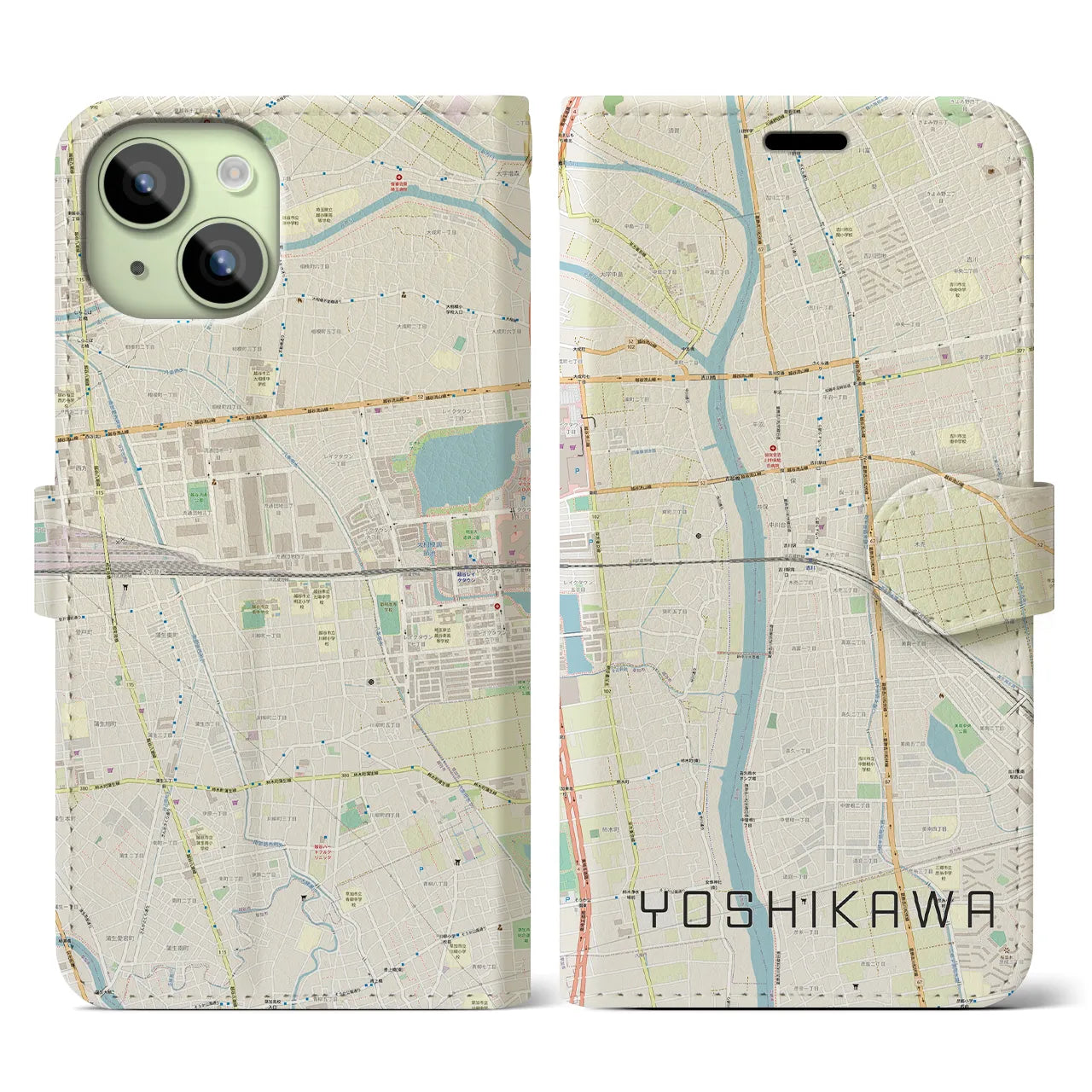 【吉川(埼玉県)】地図柄iPhoneケース(手帳タイプ)ナチュラル・iPhone 15 用