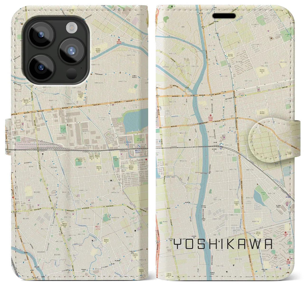 【吉川(埼玉県)】地図柄iPhoneケース(手帳タイプ)ナチュラル・iPhone 15 Pro Max 用