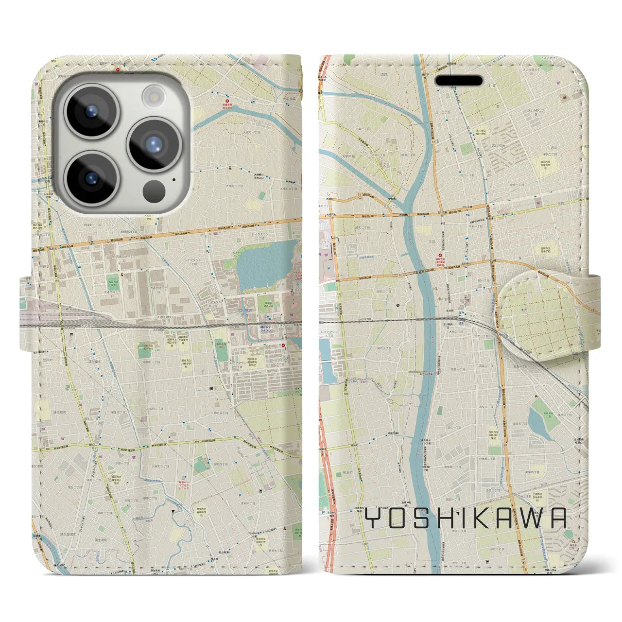 【吉川(埼玉県)】地図柄iPhoneケース(手帳タイプ)ナチュラル・iPhone 15 Pro 用