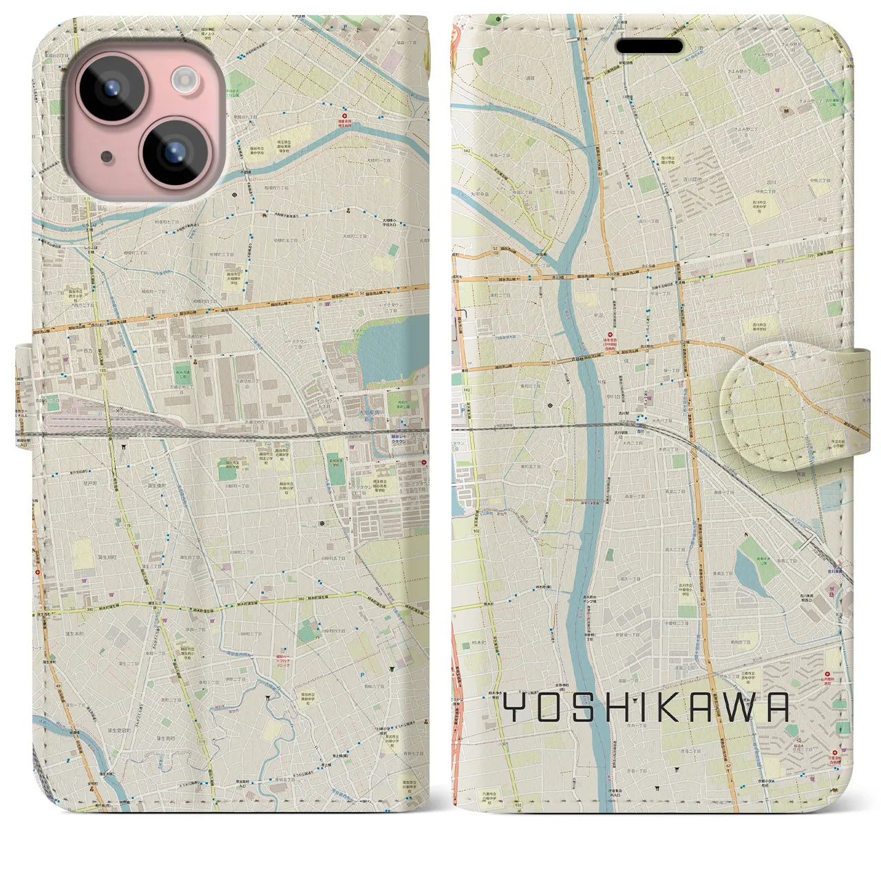 【吉川(埼玉県)】地図柄iPhoneケース(手帳タイプ)ナチュラル・iPhone 15 Plus 用