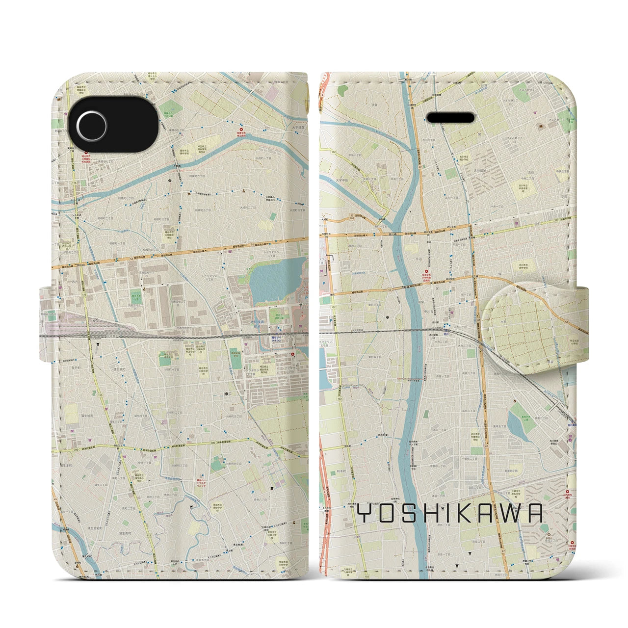 【吉川(埼玉県)】地図柄iPhoneケース(手帳タイプ)ナチュラル・iPhone SE(第3 / 第2世代) / 8 / 7 / 6s / 6 用