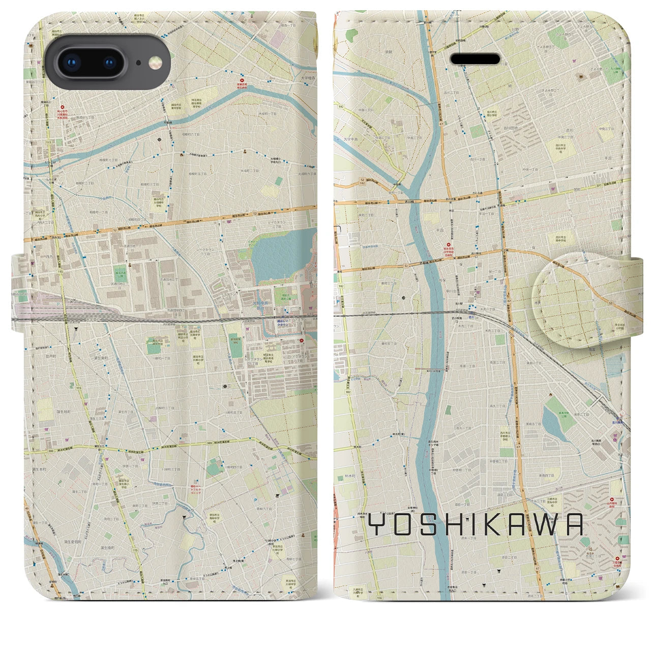 【吉川(埼玉県)】地図柄iPhoneケース(手帳タイプ)ナチュラル・iPhone 8Plus /7Plus / 6sPlus / 6Plus 用