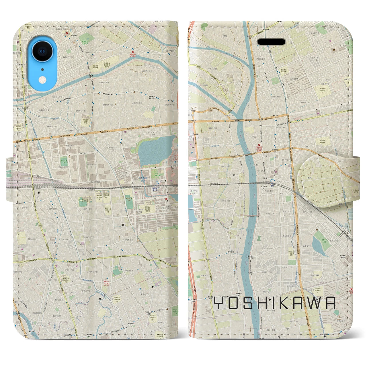 【吉川(埼玉県)】地図柄iPhoneケース(手帳タイプ)ナチュラル・iPhone XR 用