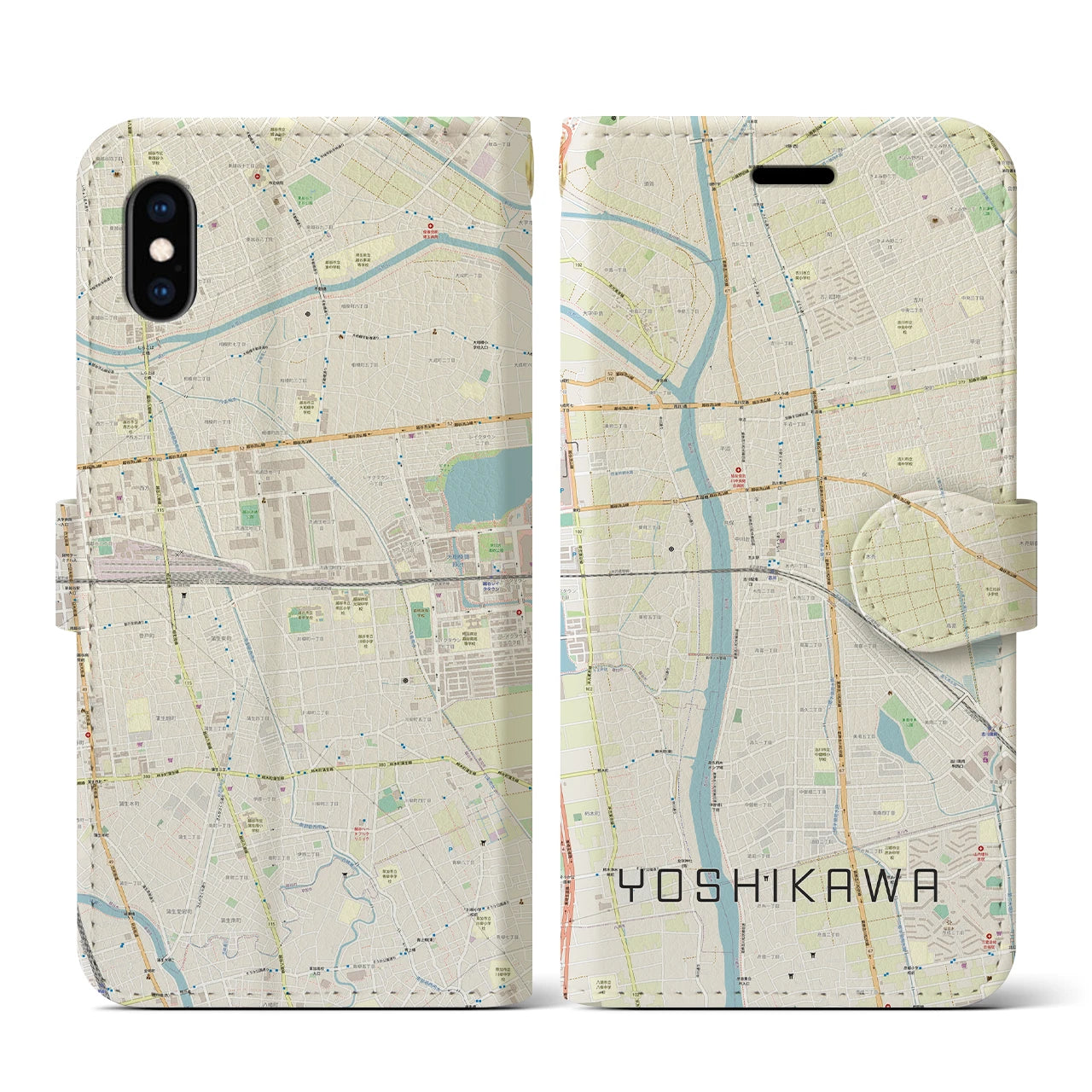 【吉川(埼玉県)】地図柄iPhoneケース(手帳タイプ)ナチュラル・iPhone XS / X 用