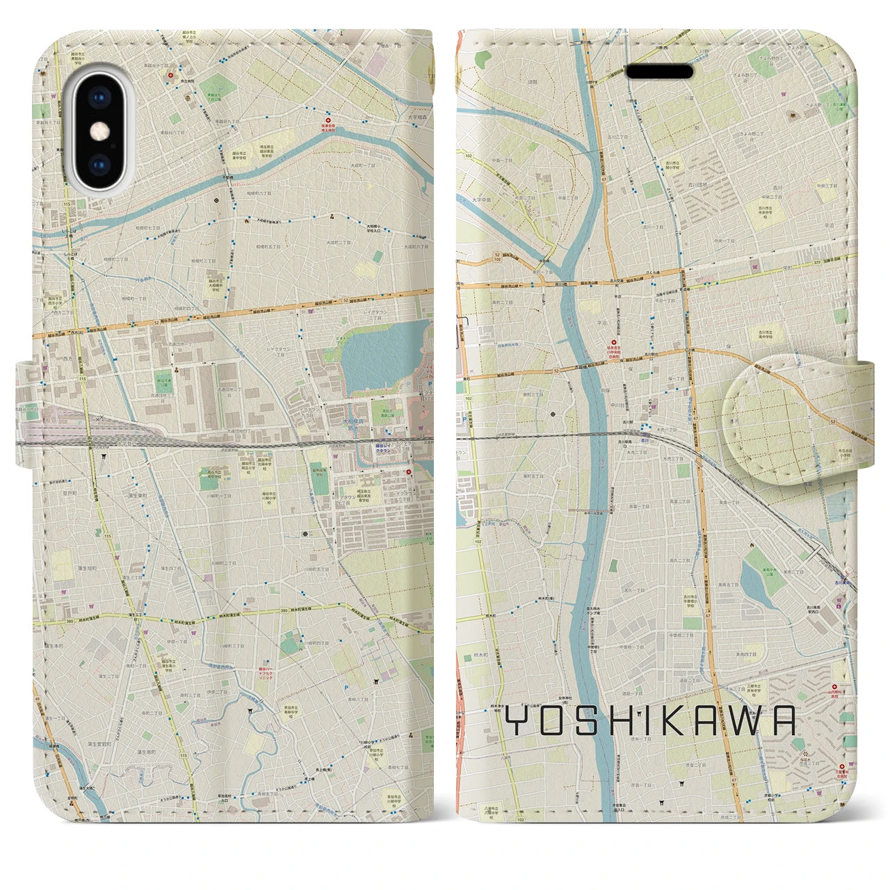 【吉川(埼玉県)】地図柄iPhoneケース(手帳タイプ)ナチュラル・iPhone XS Max 用