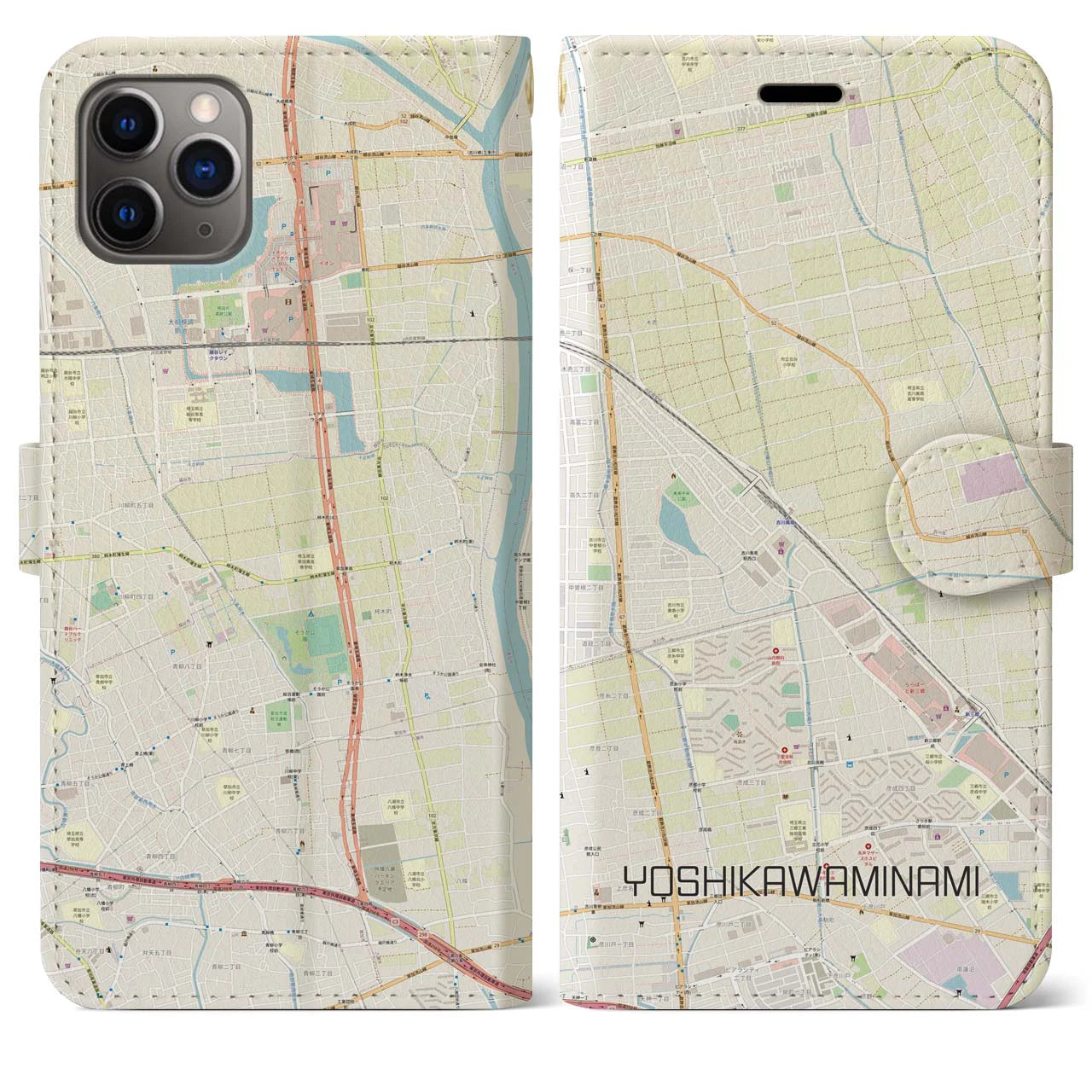 【吉川美南(埼玉県)】地図柄iPhoneケース(手帳タイプ)ナチュラル・iPhone 11 Pro Max 用