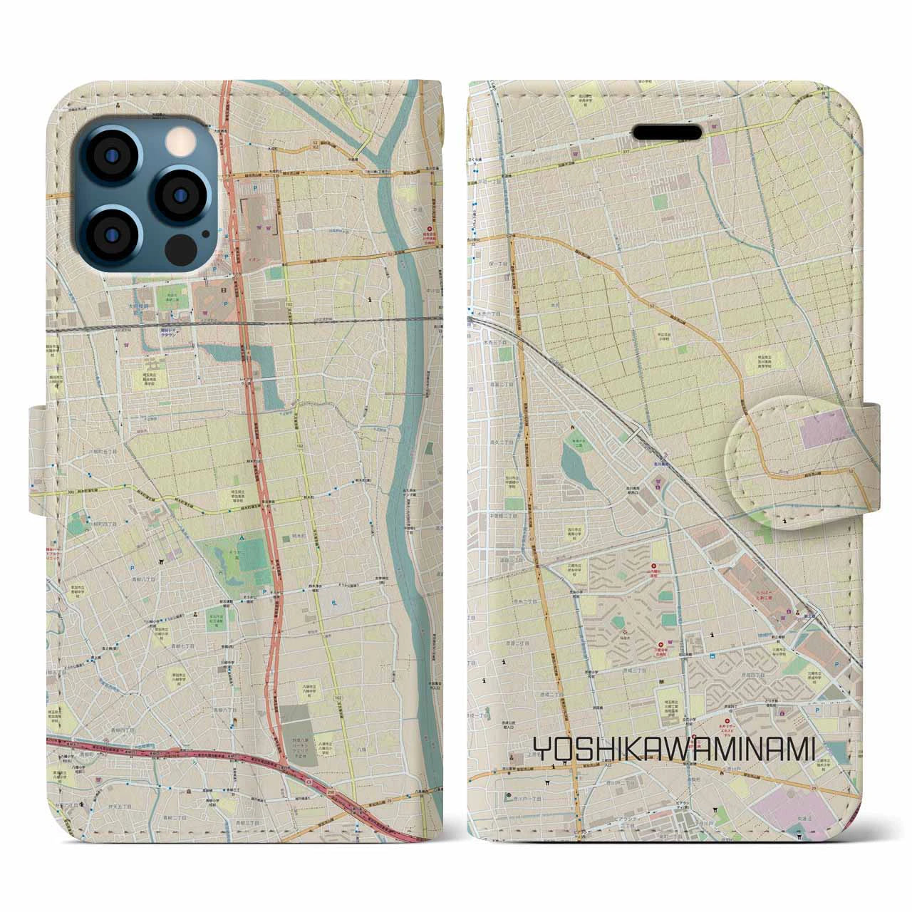 【吉川美南(埼玉県)】地図柄iPhoneケース(手帳タイプ)ナチュラル・iPhone 12 / 12 Pro 用