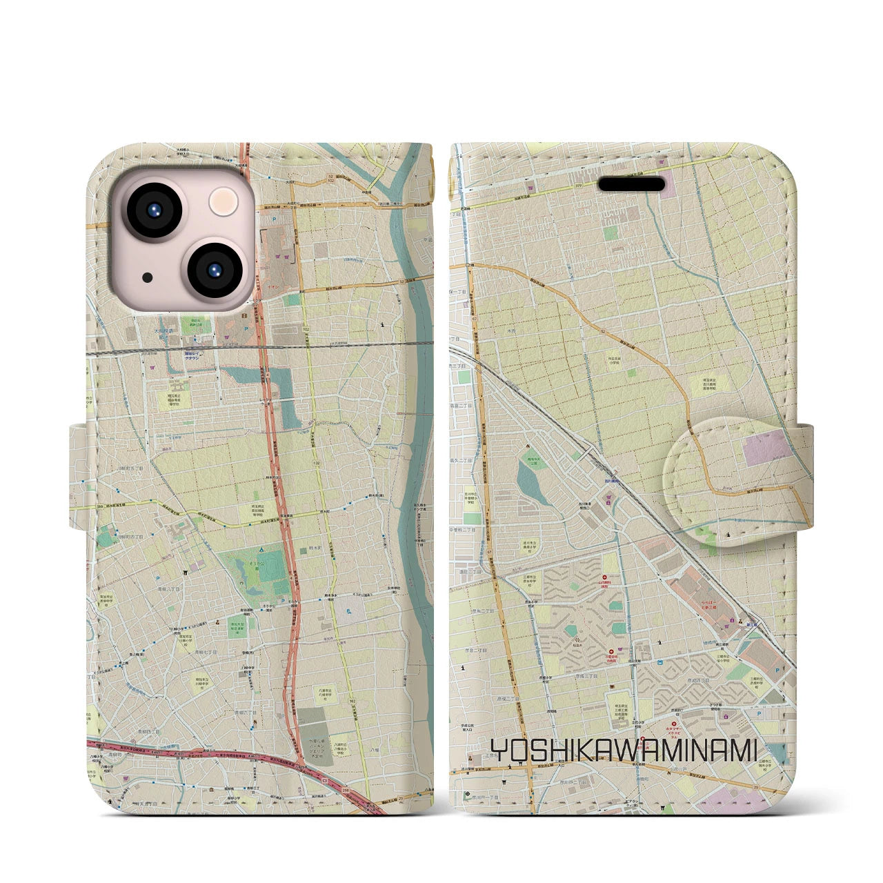 【吉川美南(埼玉県)】地図柄iPhoneケース(手帳タイプ)ナチュラル・iPhone 13 mini 用