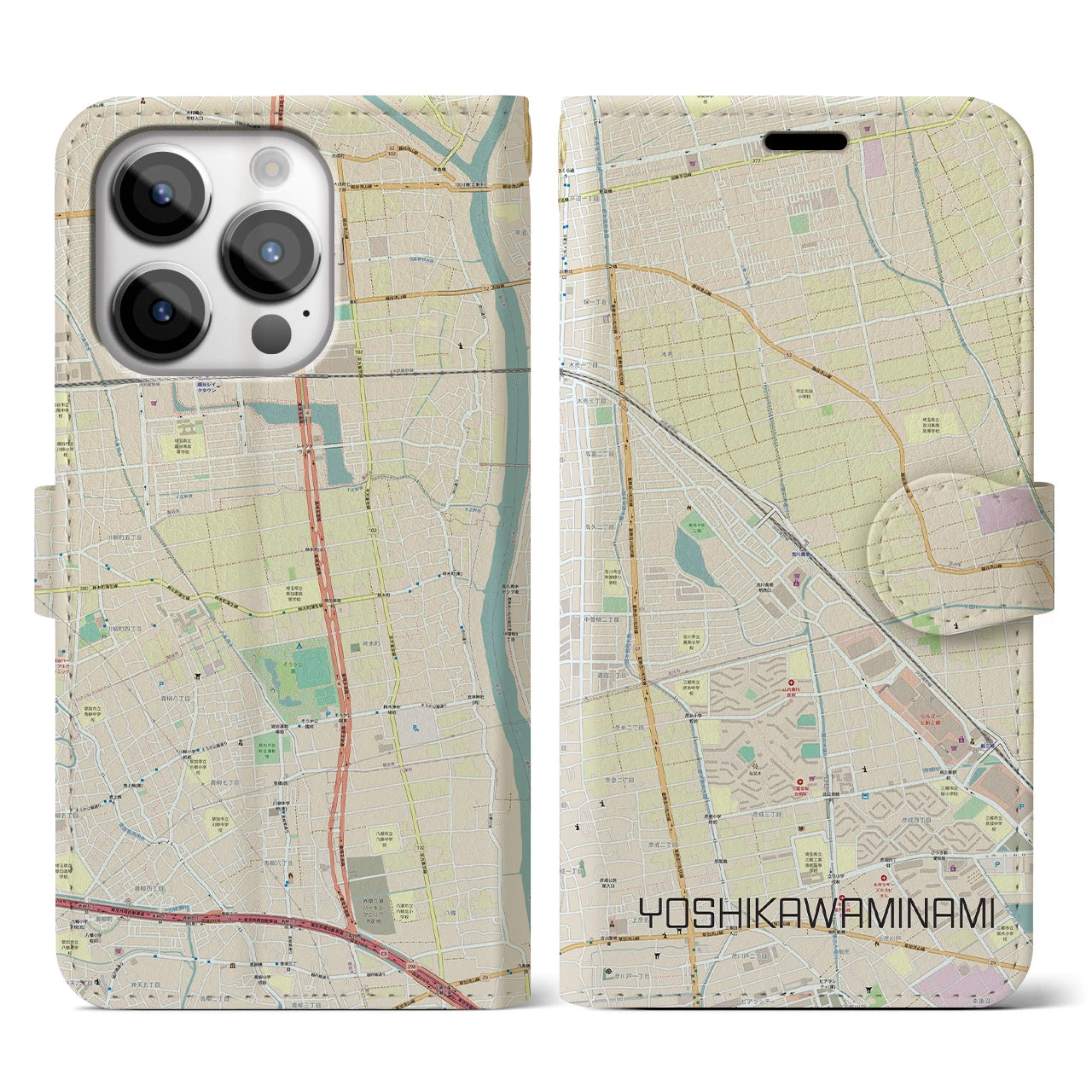 【吉川美南(埼玉県)】地図柄iPhoneケース(手帳タイプ)ナチュラル・iPhone 14 Pro 用