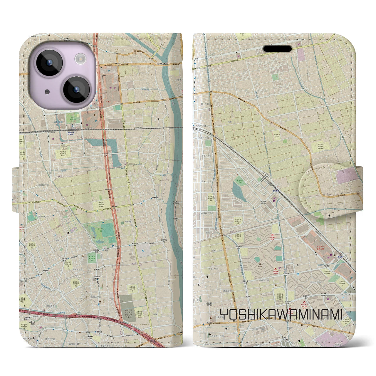 【吉川美南(埼玉県)】地図柄iPhoneケース(手帳タイプ)ナチュラル・iPhone 14 用