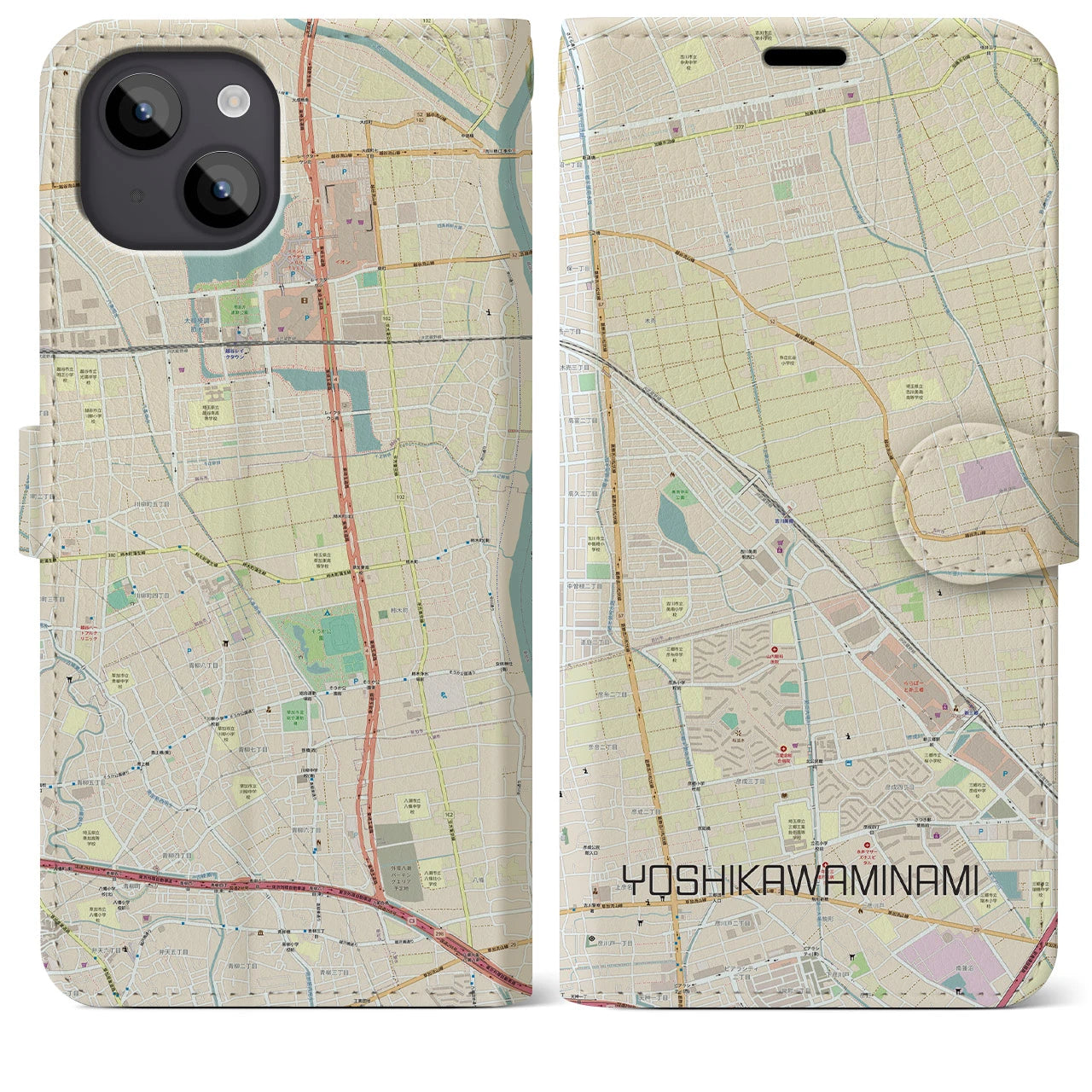 【吉川美南(埼玉県)】地図柄iPhoneケース(手帳タイプ)ナチュラル・iPhone 14 Plus 用