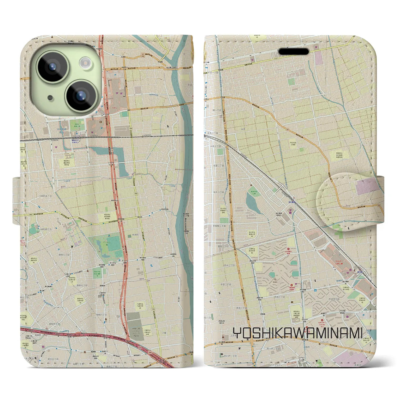 【吉川美南(埼玉県)】地図柄iPhoneケース(手帳タイプ)ナチュラル・iPhone 15 用