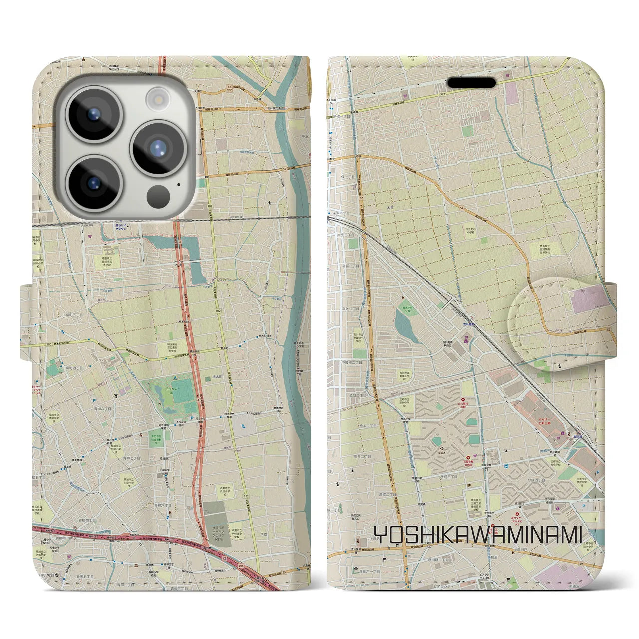 【吉川美南(埼玉県)】地図柄iPhoneケース(手帳タイプ)ナチュラル・iPhone 15 Pro 用