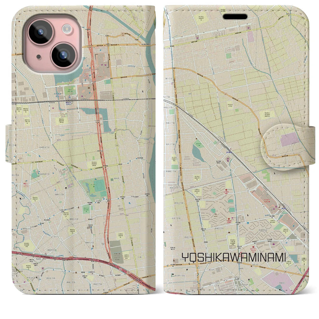 【吉川美南(埼玉県)】地図柄iPhoneケース(手帳タイプ)ナチュラル・iPhone 15 Plus 用