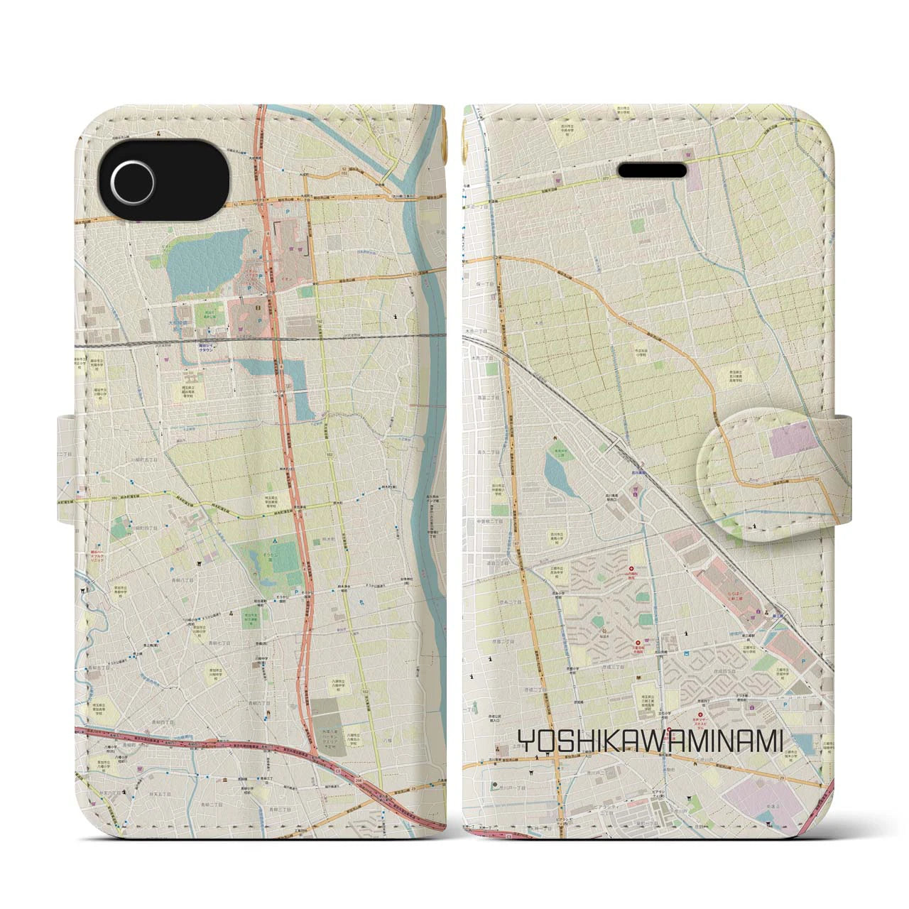 【吉川美南(埼玉県)】地図柄iPhoneケース(手帳タイプ)ナチュラル・iPhone SE(第3 / 第2世代) / 8 / 7 / 6s / 6 用
