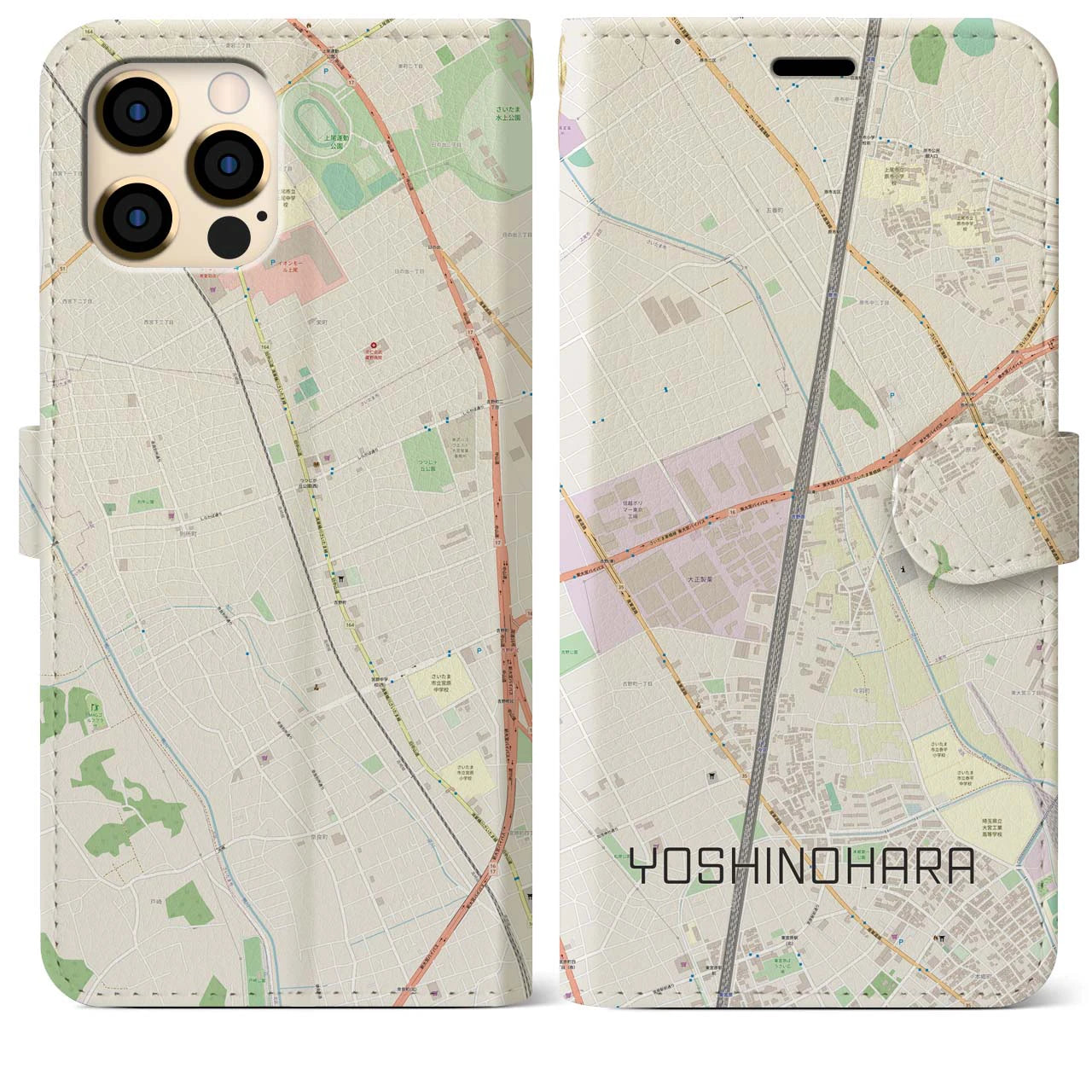 【吉野原(埼玉県)】地図柄iPhoneケース(手帳タイプ)ナチュラル・iPhone 12 Pro Max 用