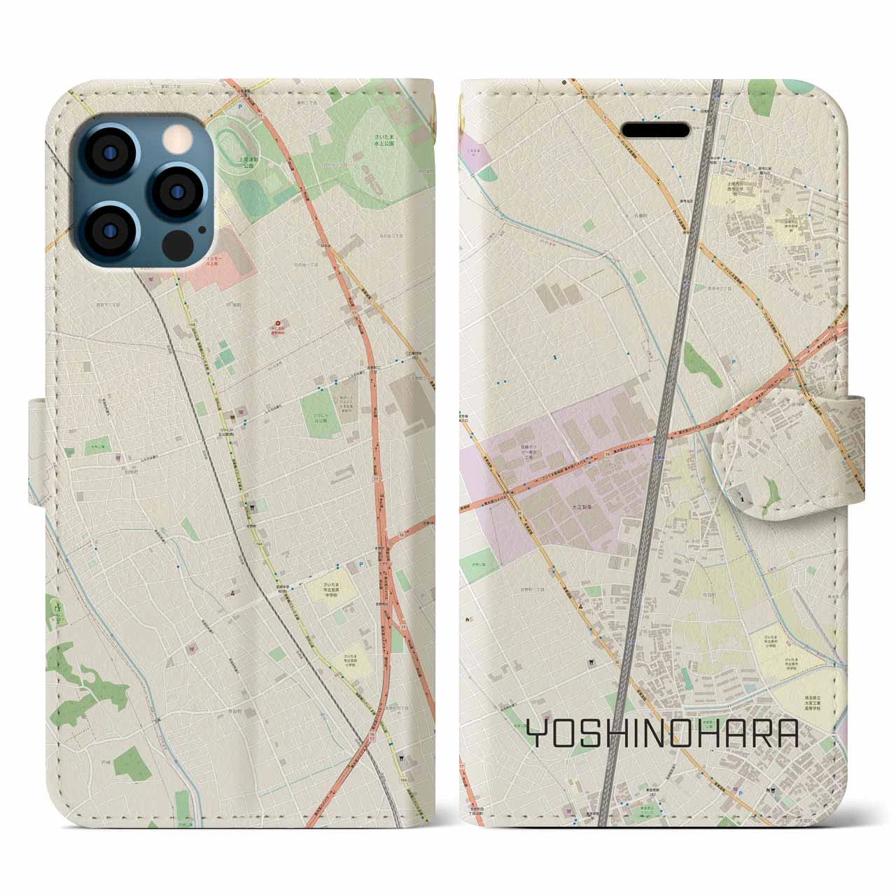【吉野原(埼玉県)】地図柄iPhoneケース(手帳タイプ)ナチュラル・iPhone 12 / 12 Pro 用