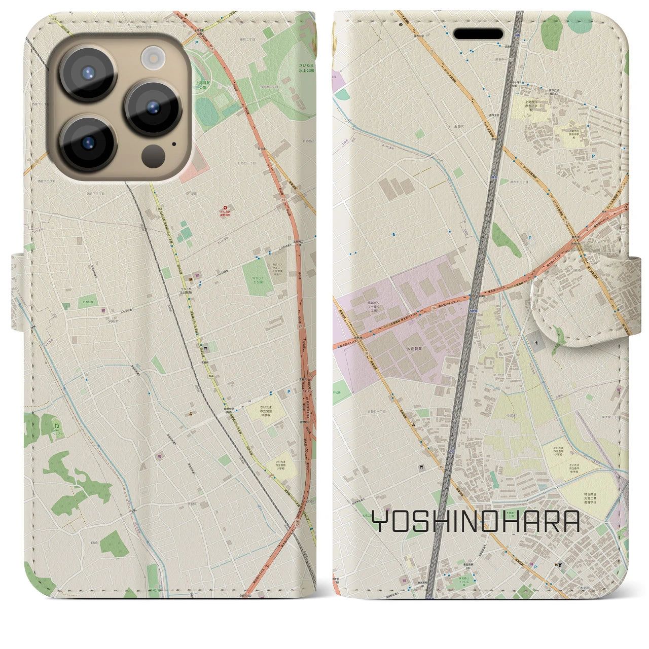 【吉野原(埼玉県)】地図柄iPhoneケース(手帳タイプ)ナチュラル・iPhone 14 Pro Max 用