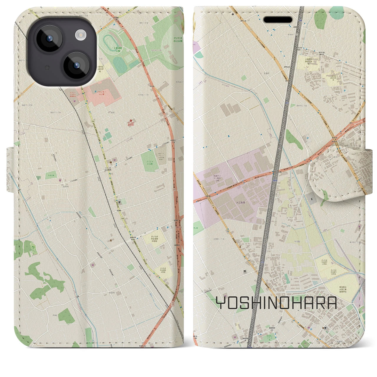 【吉野原(埼玉県)】地図柄iPhoneケース(手帳タイプ)ナチュラル・iPhone 14 Plus 用