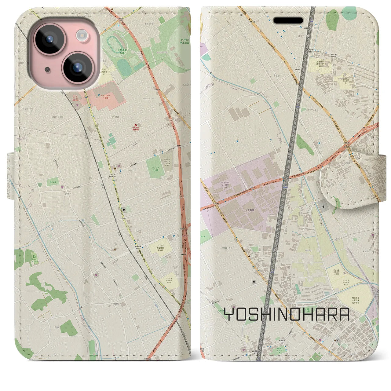 【吉野原(埼玉県)】地図柄iPhoneケース(手帳タイプ)ナチュラル・iPhone 15 Plus 用