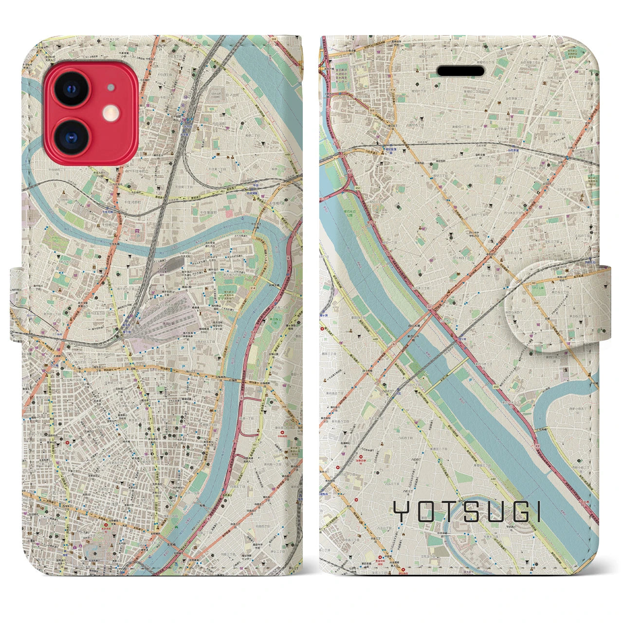 【四ツ木(東京都)】地図柄iPhoneケース(手帳タイプ)ナチュラル・iPhone 11 用