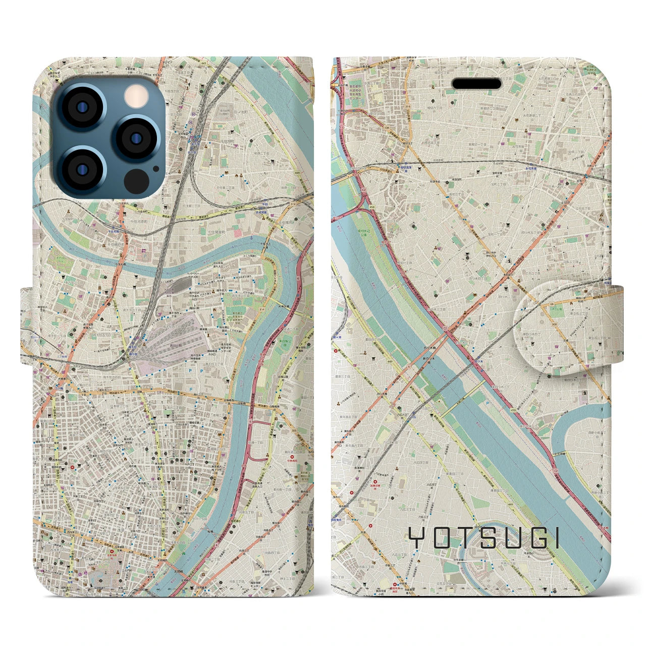 【四ツ木(東京都)】地図柄iPhoneケース(手帳タイプ)ナチュラル・iPhone 12 / 12 Pro 用