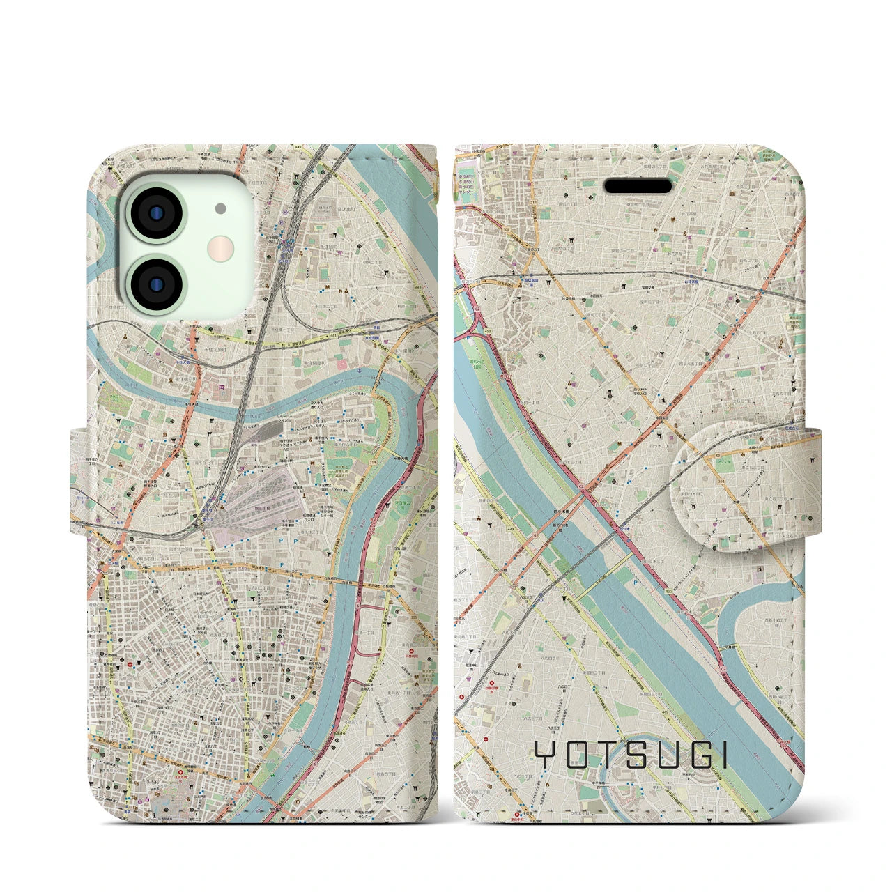 【四ツ木(東京都)】地図柄iPhoneケース(手帳タイプ)ナチュラル・iPhone 12 mini 用
