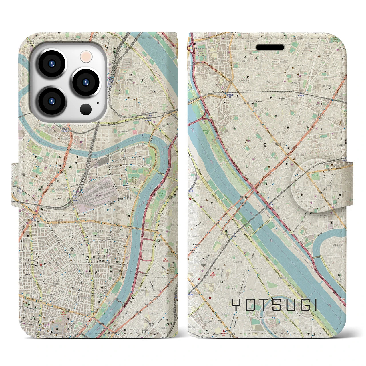 【四ツ木(東京都)】地図柄iPhoneケース(手帳タイプ)ナチュラル・iPhone 13 Pro 用
