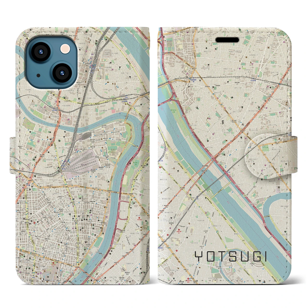 【四ツ木(東京都)】地図柄iPhoneケース(手帳タイプ)ナチュラル・iPhone 13 用
