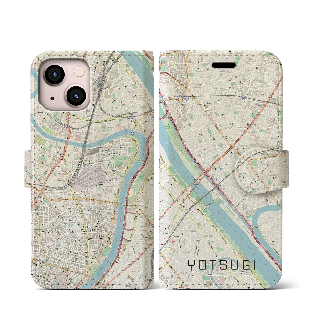 【四ツ木(東京都)】地図柄iPhoneケース(手帳タイプ)ナチュラル・iPhone 13 mini 用