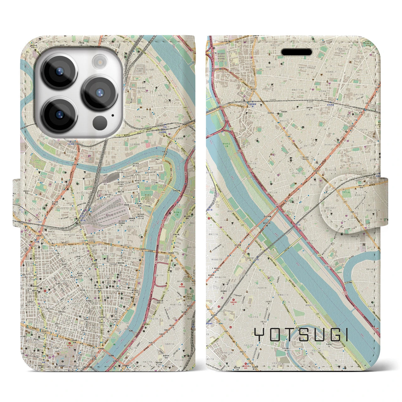 【四ツ木(東京都)】地図柄iPhoneケース(手帳タイプ)ナチュラル・iPhone 14 Pro 用