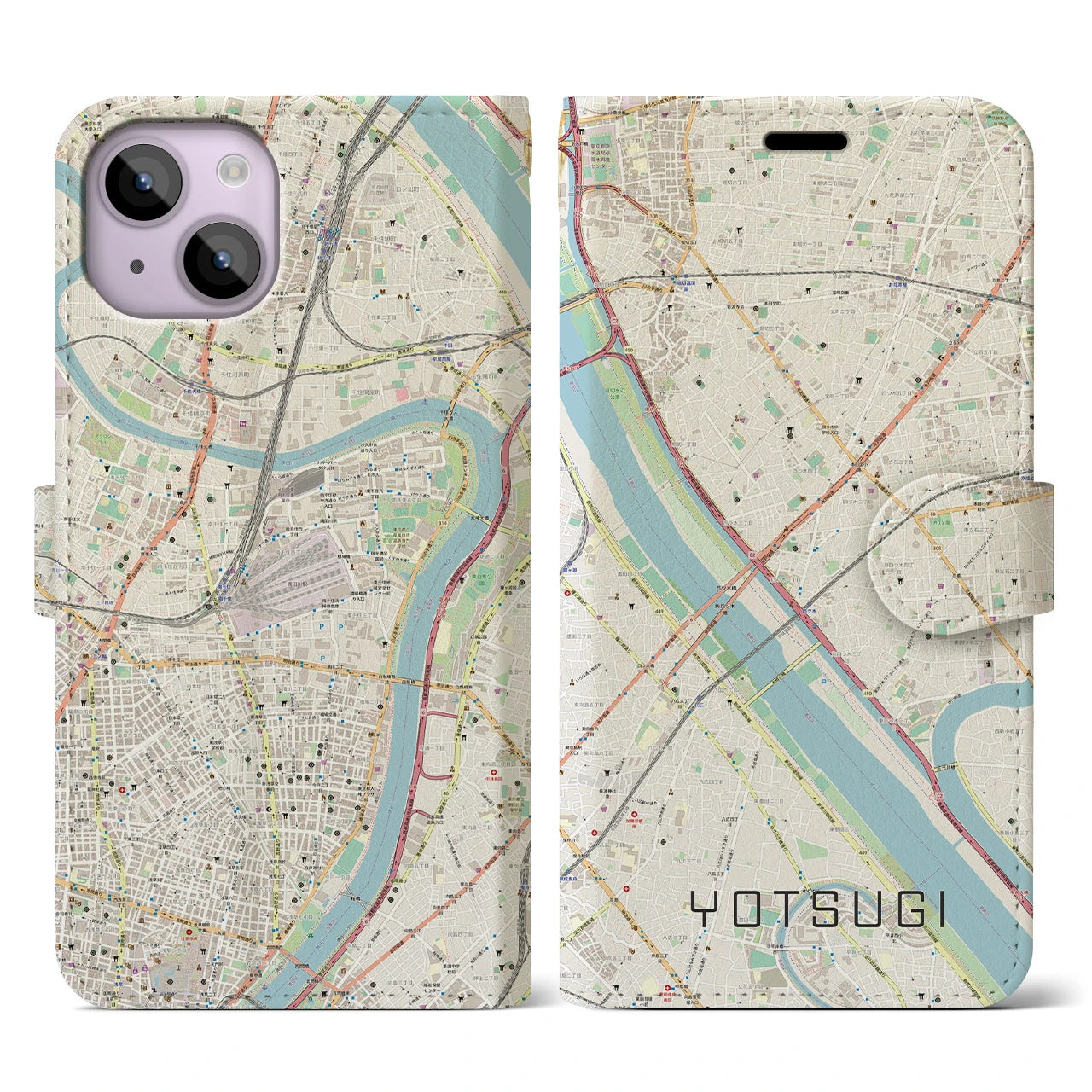 【四ツ木(東京都)】地図柄iPhoneケース(手帳タイプ)ナチュラル・iPhone 14 用