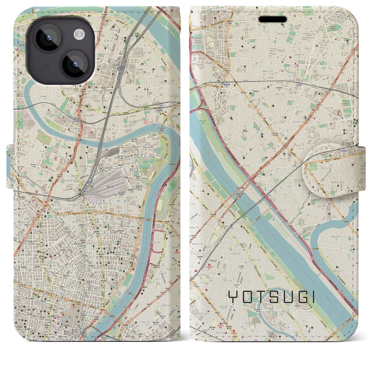 【四ツ木(東京都)】地図柄iPhoneケース(手帳タイプ)ナチュラル・iPhone 14 Plus 用