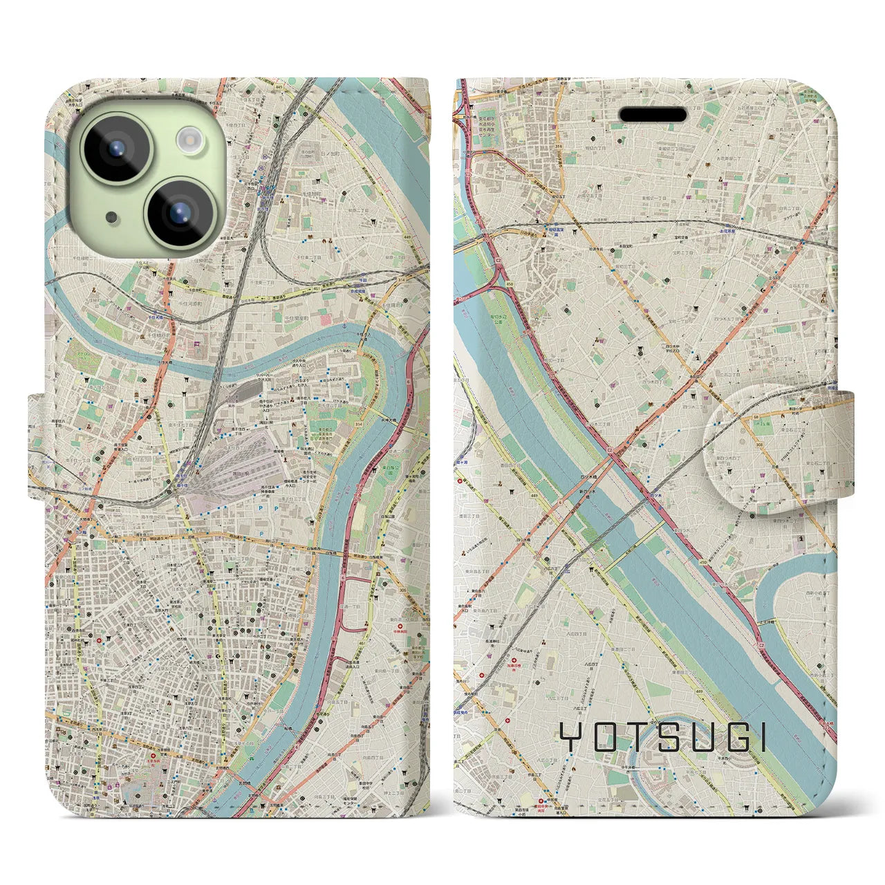 【四ツ木(東京都)】地図柄iPhoneケース(手帳タイプ)ナチュラル・iPhone 15 用