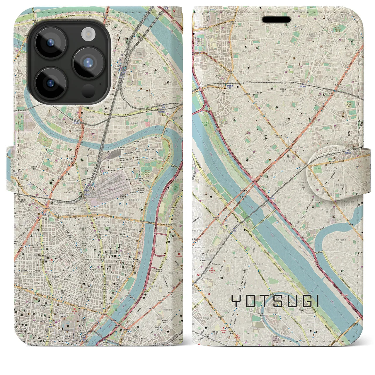 【四ツ木(東京都)】地図柄iPhoneケース(手帳タイプ)ナチュラル・iPhone 15 Pro Max 用