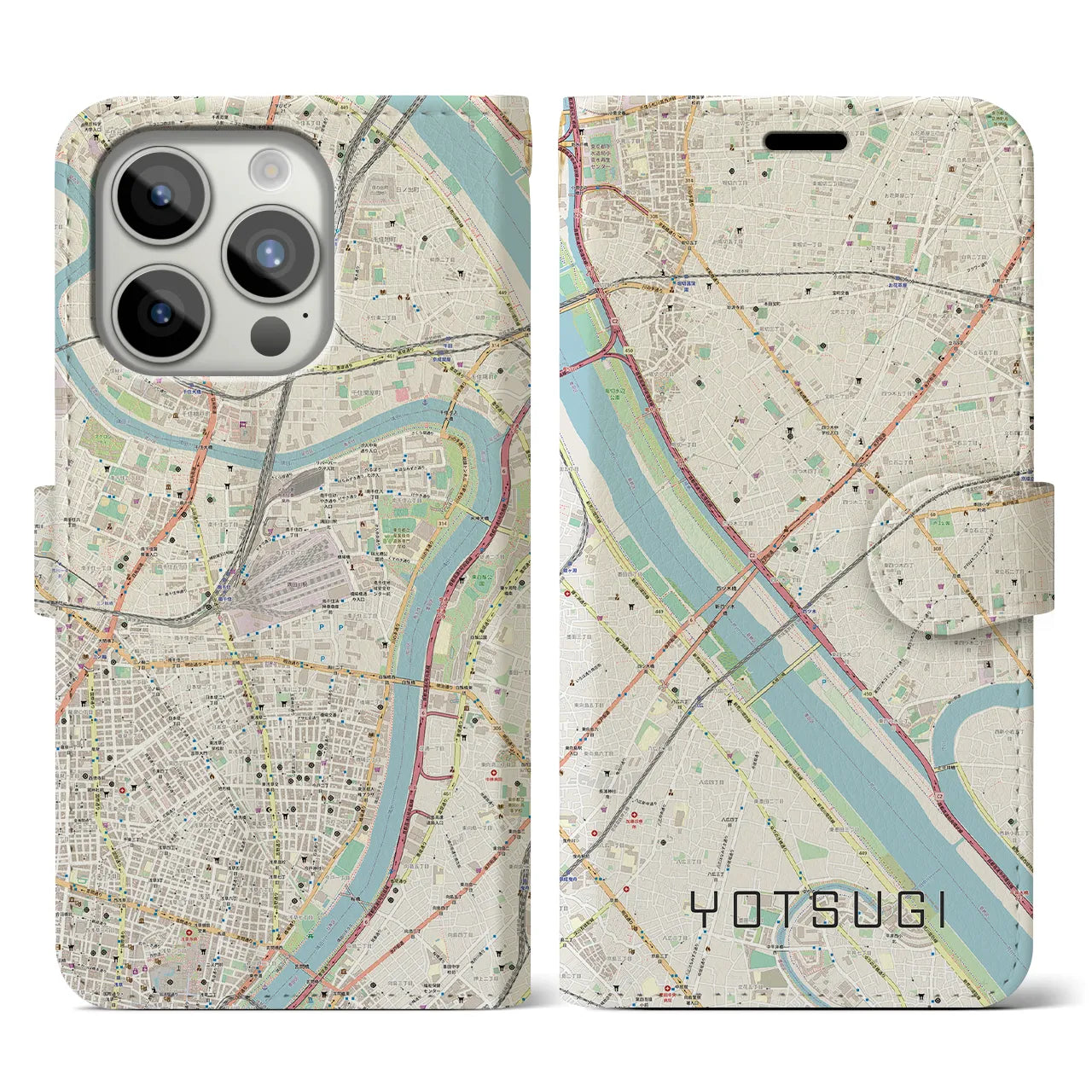 【四ツ木(東京都)】地図柄iPhoneケース(手帳タイプ)ナチュラル・iPhone 15 Pro 用