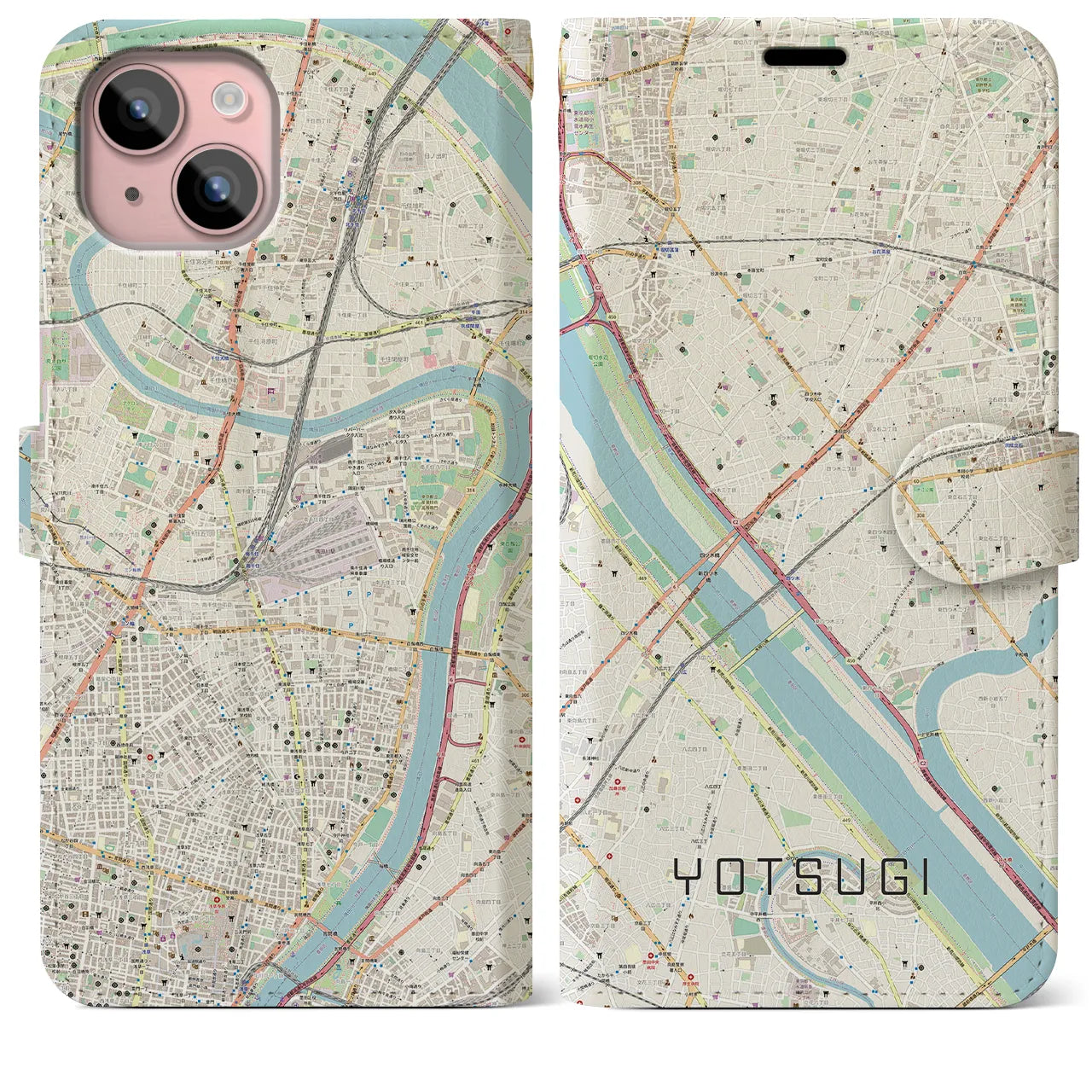 【四ツ木(東京都)】地図柄iPhoneケース(手帳タイプ)ナチュラル・iPhone 15 Plus 用