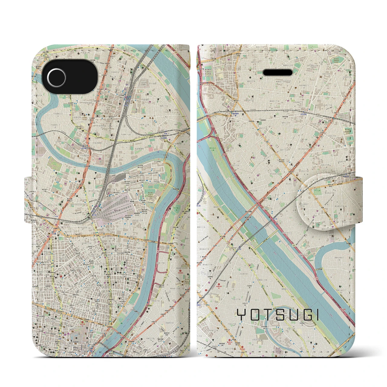 【四ツ木(東京都)】地図柄iPhoneケース(手帳タイプ)ナチュラル・iPhone SE(第3 / 第2世代) / 8 / 7 / 6s / 6 用