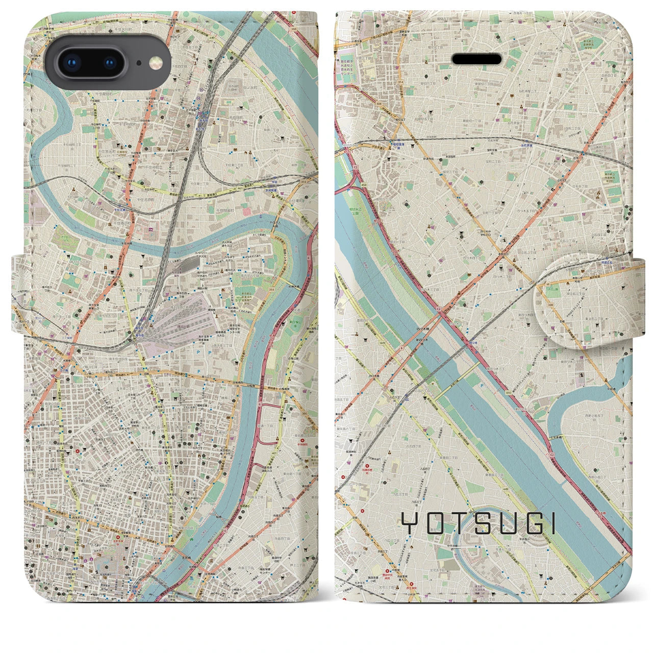【四ツ木(東京都)】地図柄iPhoneケース(手帳タイプ)ナチュラル・iPhone 8Plus /7Plus / 6sPlus / 6Plus 用