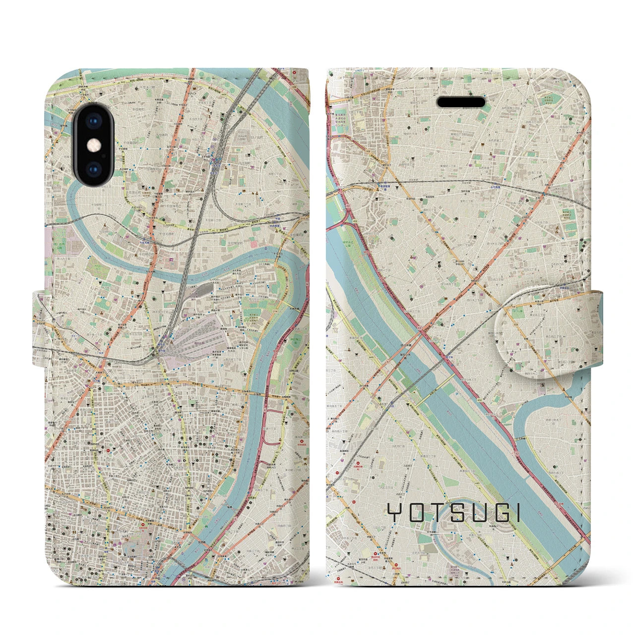 【四ツ木(東京都)】地図柄iPhoneケース(手帳タイプ)ナチュラル・iPhone XS / X 用