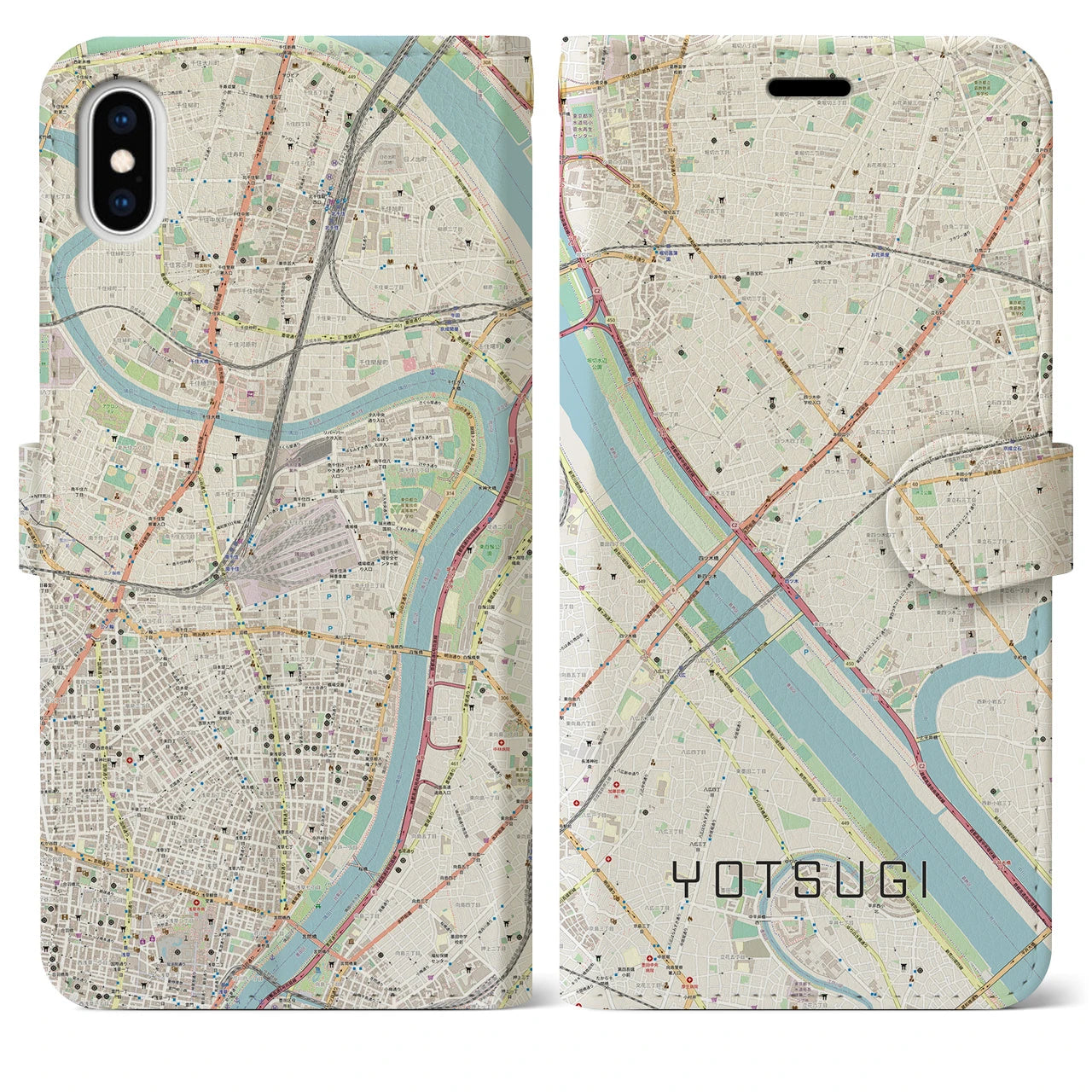 【四ツ木(東京都)】地図柄iPhoneケース(手帳タイプ)ナチュラル・iPhone XS Max 用