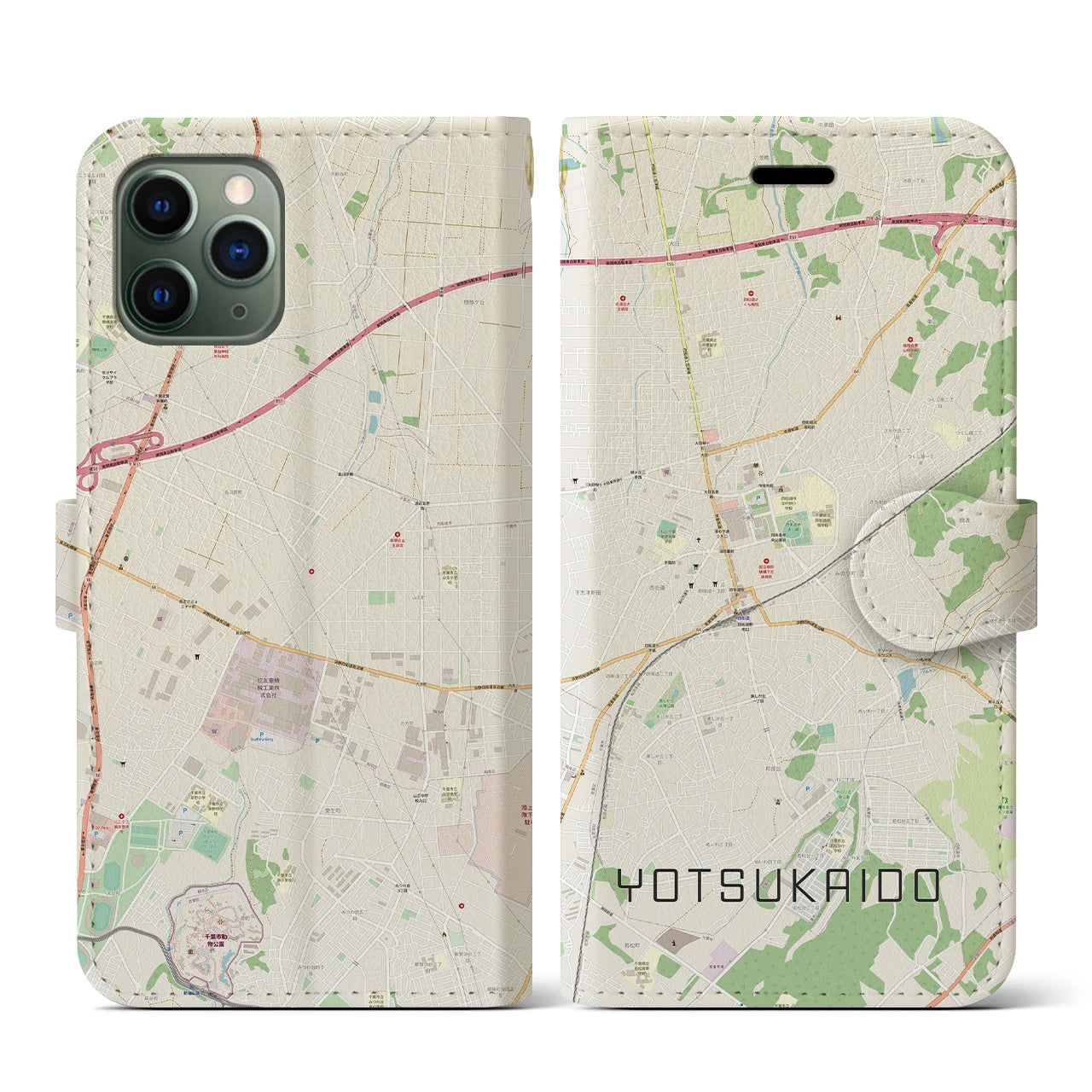 【四街道(千葉県)】地図柄iPhoneケース(手帳タイプ)ナチュラル・iPhone 11 Pro 用