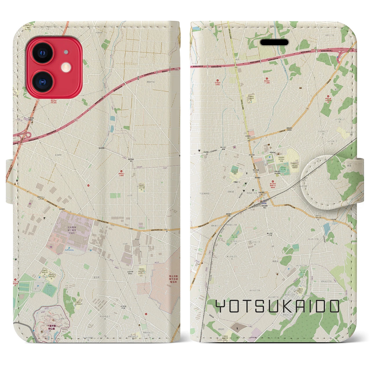 【四街道(千葉県)】地図柄iPhoneケース(手帳タイプ)ナチュラル・iPhone 11 用