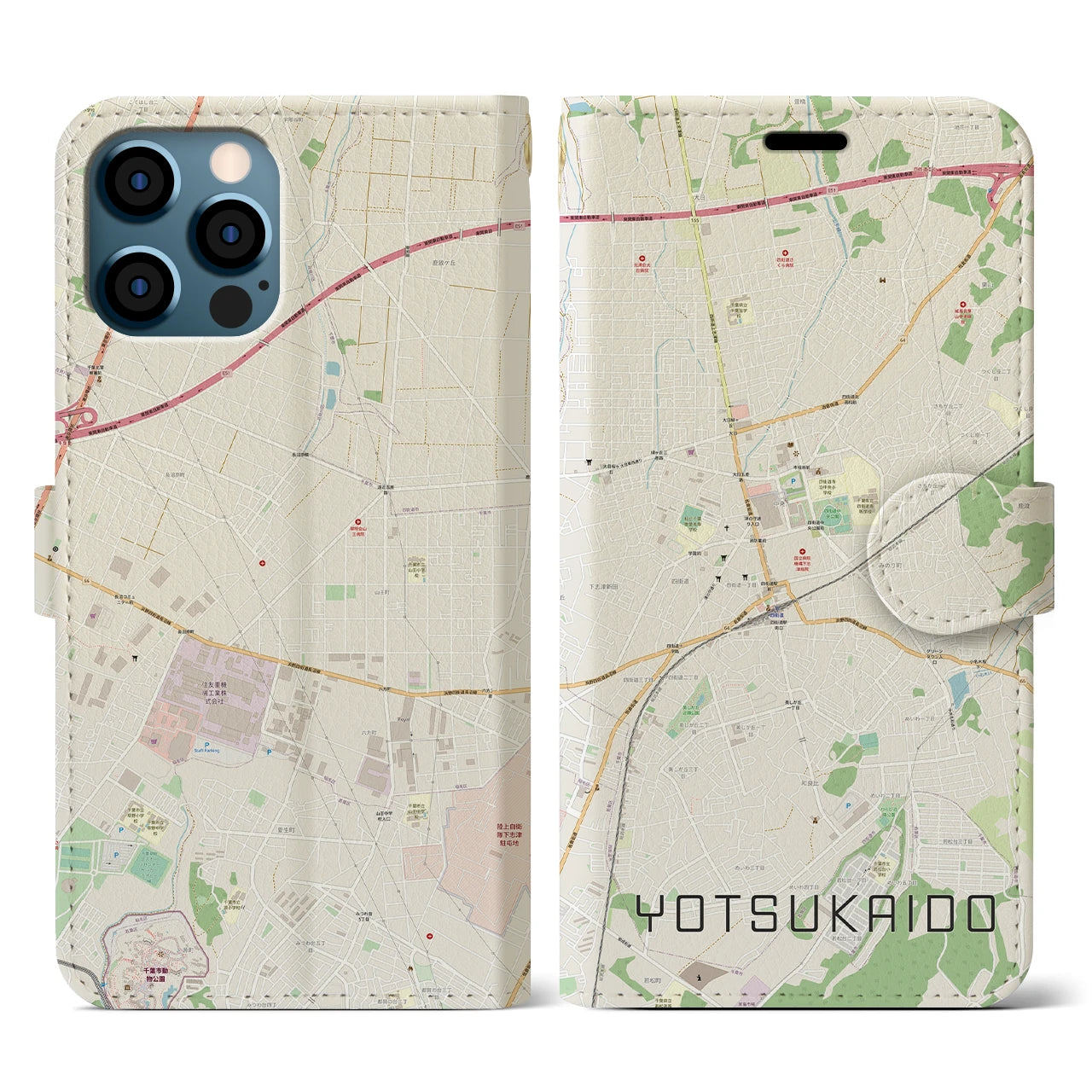 【四街道(千葉県)】地図柄iPhoneケース(手帳タイプ)ナチュラル・iPhone 12 / 12 Pro 用