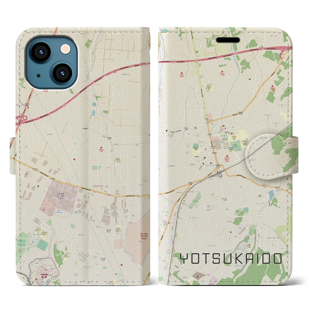 【四街道(千葉県)】地図柄iPhoneケース(手帳タイプ)ナチュラル・iPhone 13 用