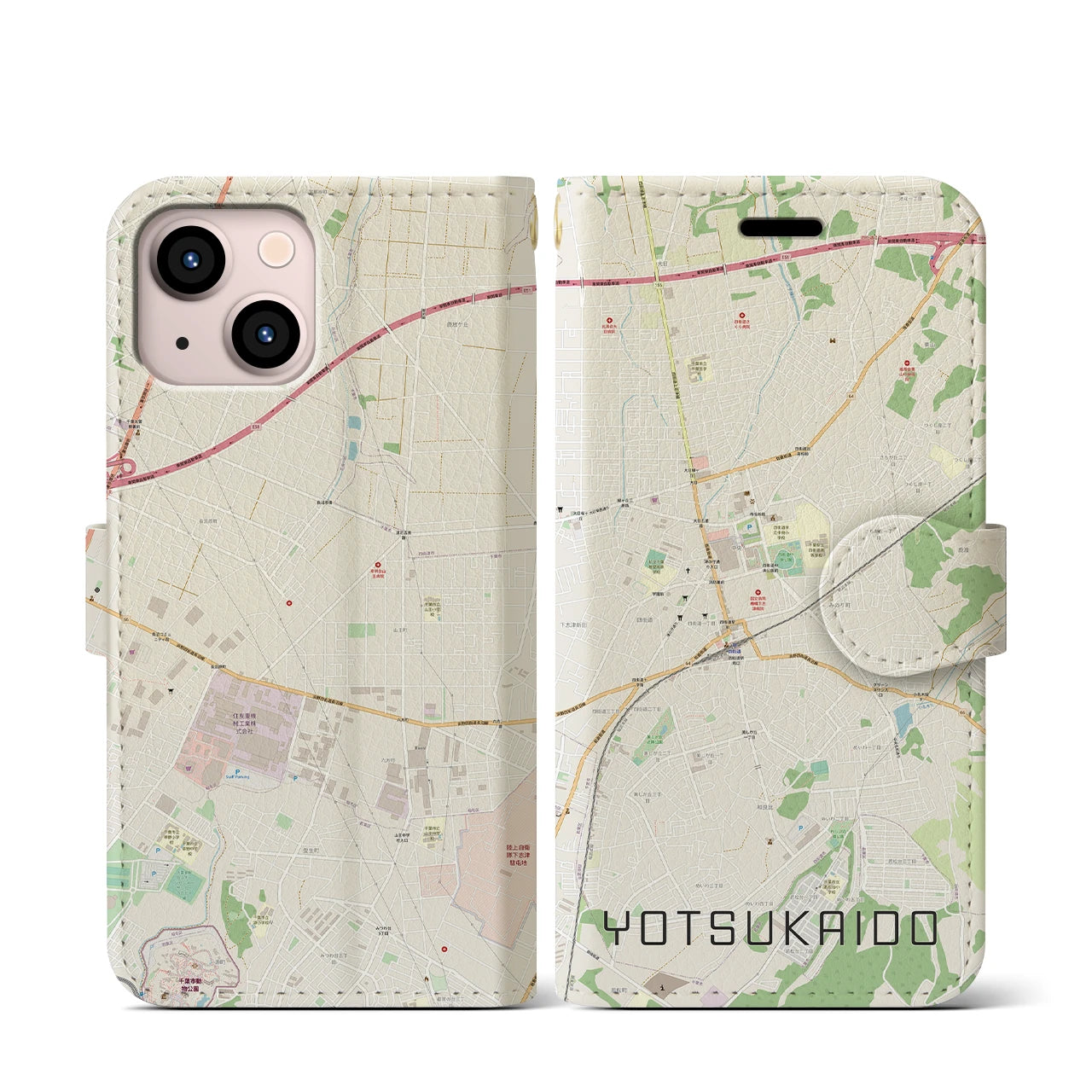 【四街道(千葉県)】地図柄iPhoneケース(手帳タイプ)ナチュラル・iPhone 13 mini 用