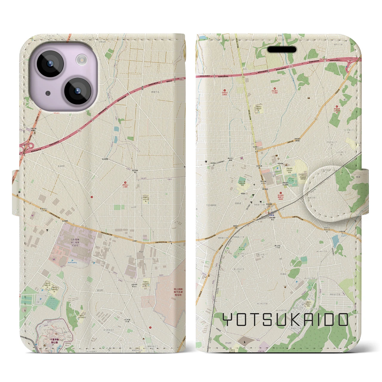 【四街道(千葉県)】地図柄iPhoneケース(手帳タイプ)ナチュラル・iPhone 14 用