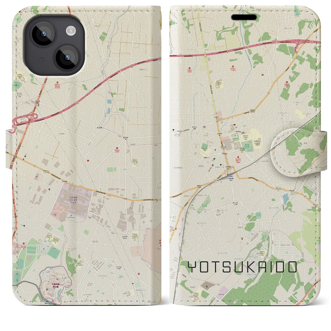 【四街道(千葉県)】地図柄iPhoneケース(手帳タイプ)ナチュラル・iPhone 14 Plus 用