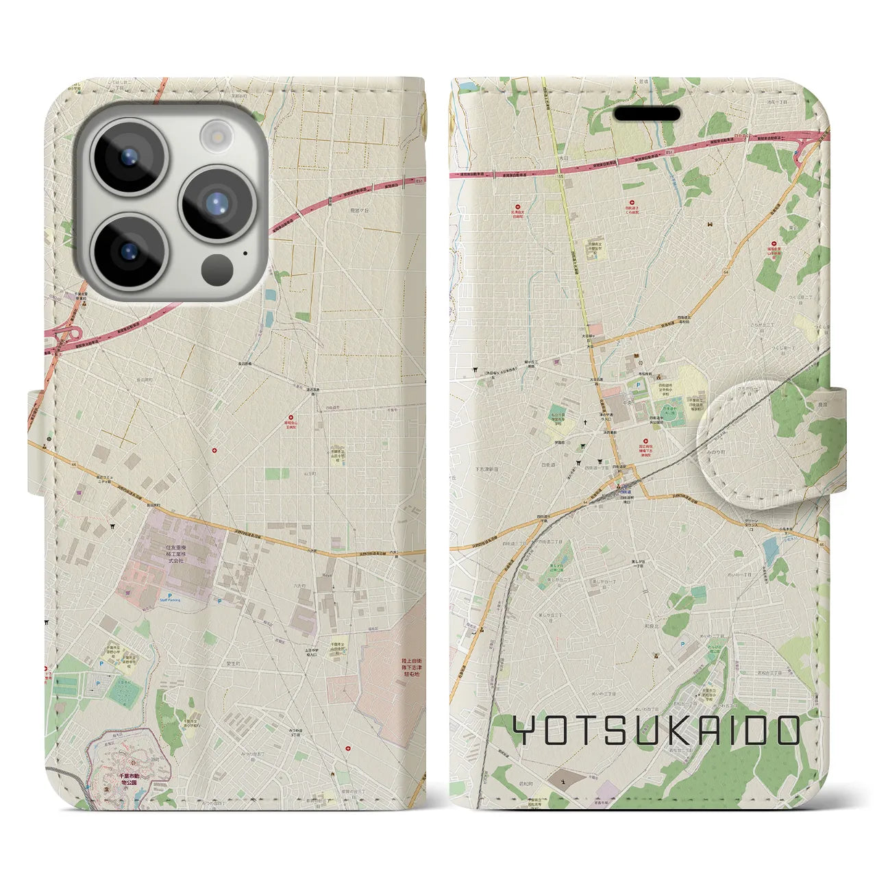 【四街道(千葉県)】地図柄iPhoneケース(手帳タイプ)ナチュラル・iPhone 15 Pro 用
